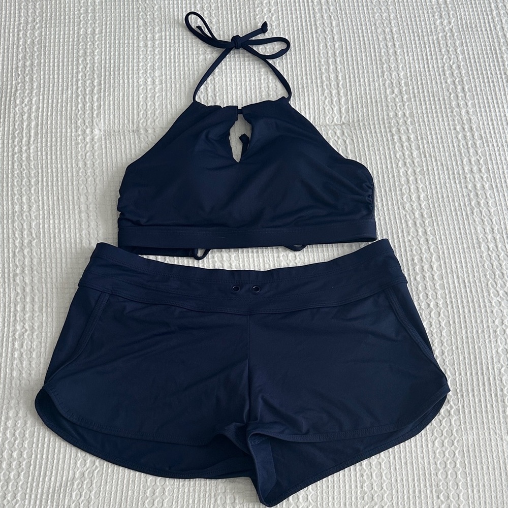 Athleta Navy Halter Bikini Top with Matching Boardshorts